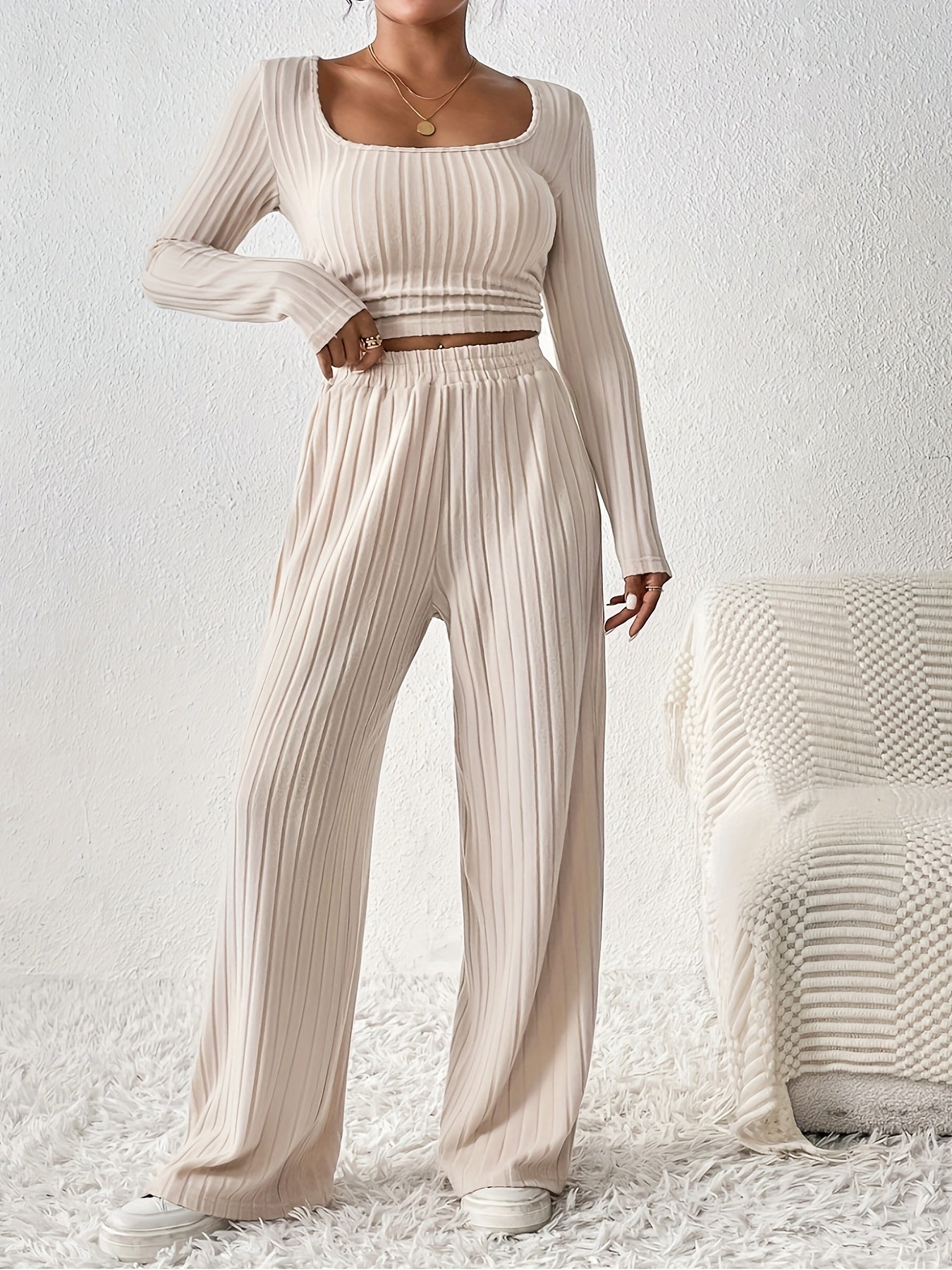 Evelyn | Long Sleeve Crop Top & Wide Leg Loose Pants Set