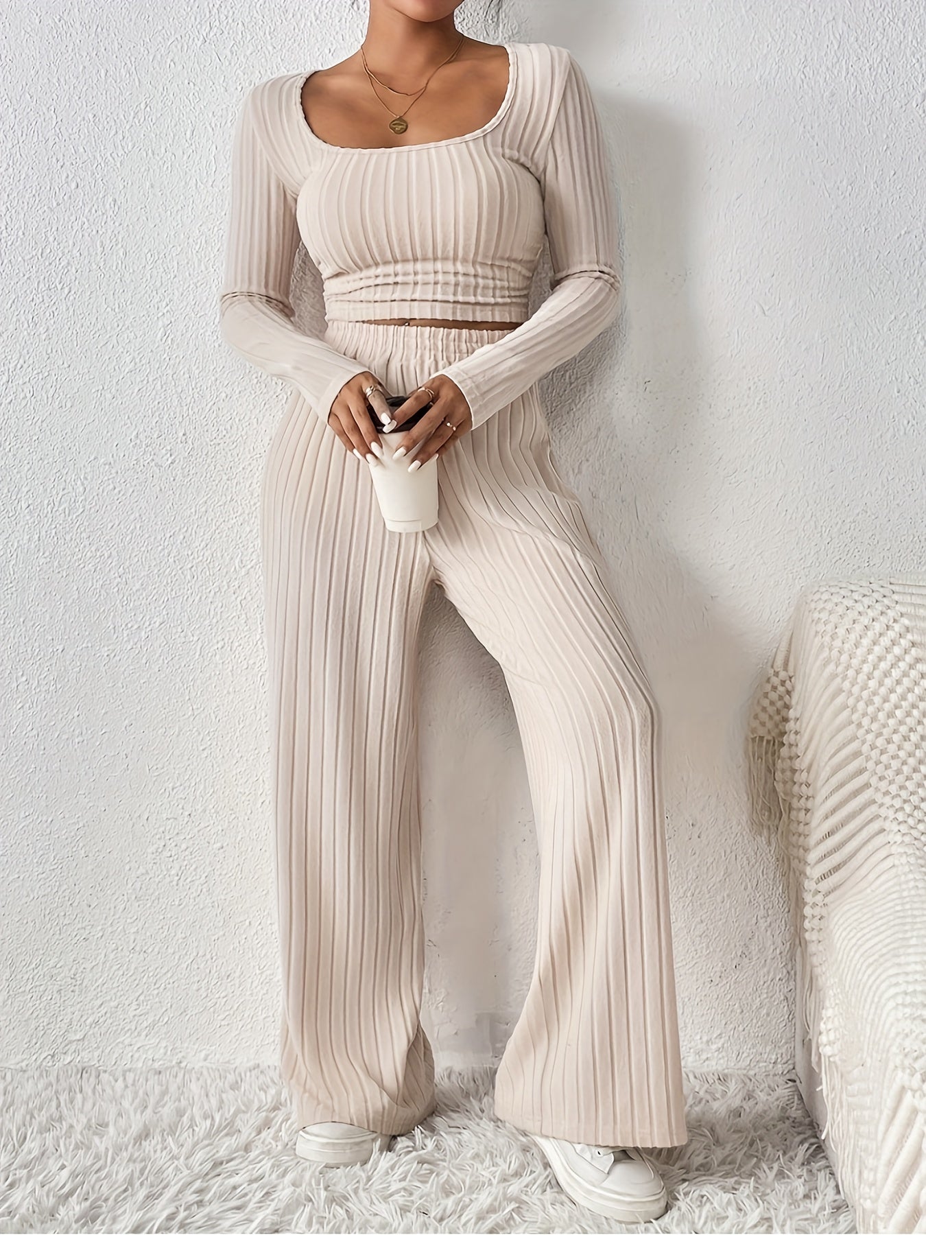 Evelyn | Long Sleeve Crop Top & Wide Leg Loose Pants Set