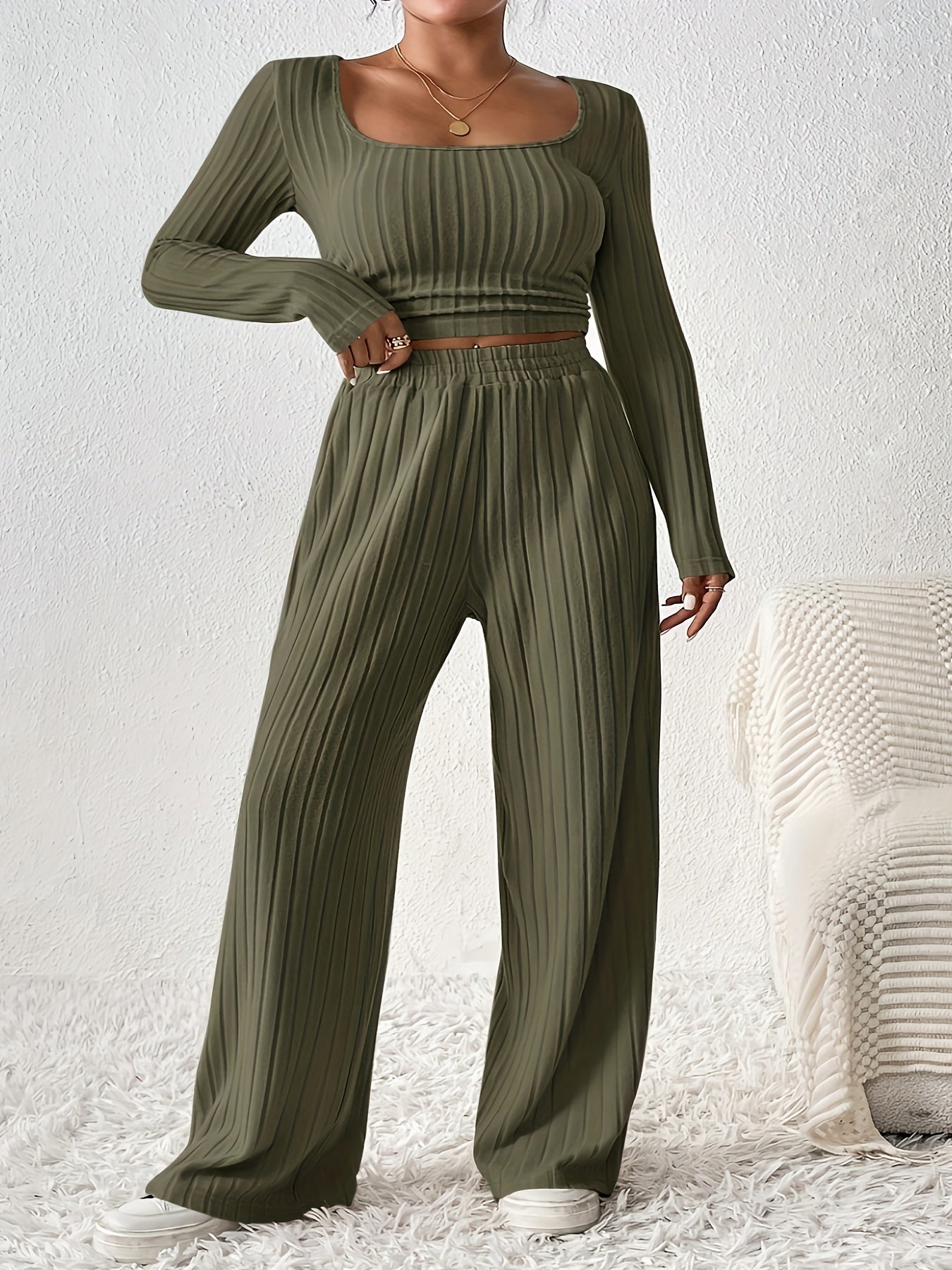 Evelyn | Long Sleeve Crop Top & Wide Leg Loose Pants Set